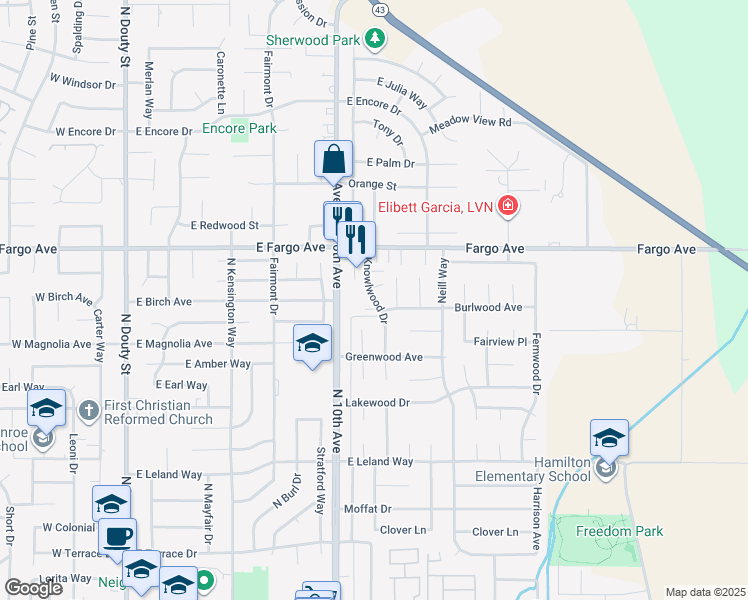 map of restaurants, bars, coffee shops, grocery stores, and more near 2405-2415 Knowlwood Drive in Hanford