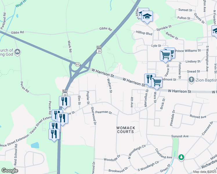map of restaurants, bars, coffee shops, grocery stores, and more near 809 Walters Street in Reidsville