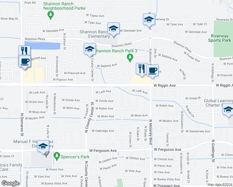 map of restaurants, bars, coffee shops, grocery stores, and more near 2910 North Zachary Street in Visalia