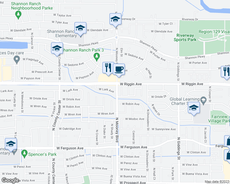 map of restaurants, bars, coffee shops, grocery stores, and more near 2102 West Lark Avenue in Visalia