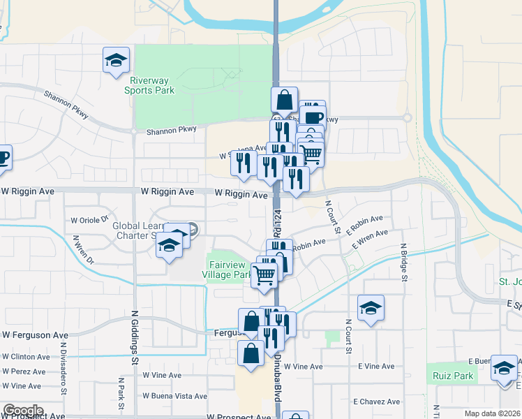map of restaurants, bars, coffee shops, grocery stores, and more near 2925 North Willis Court in Visalia