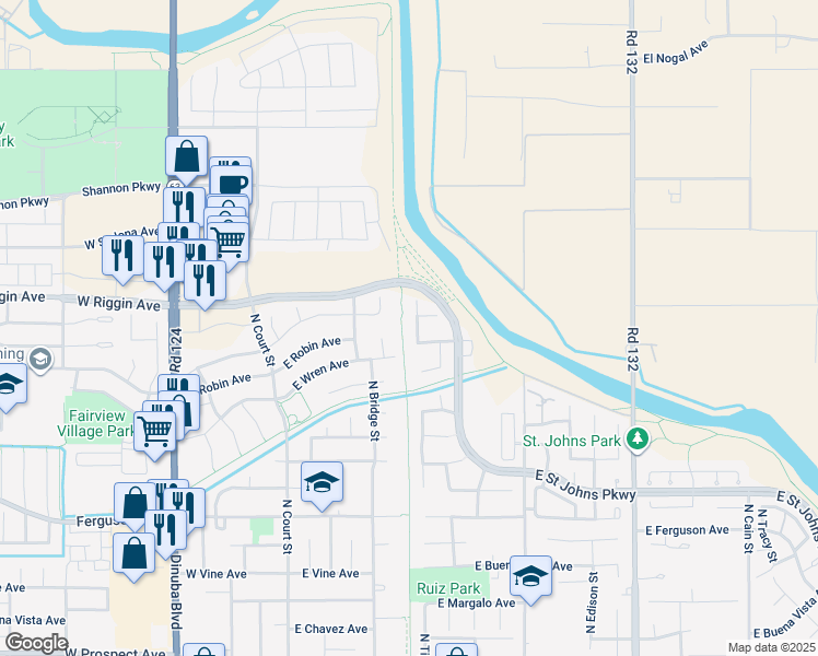 map of restaurants, bars, coffee shops, grocery stores, and more near 2735 North Thomas Street in Visalia