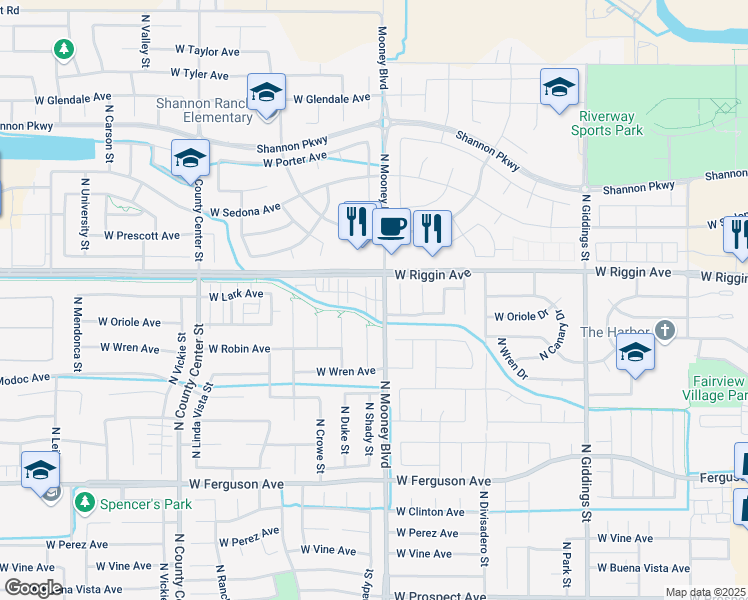 map of restaurants, bars, coffee shops, grocery stores, and more near 2116 West Lark Avenue in Visalia