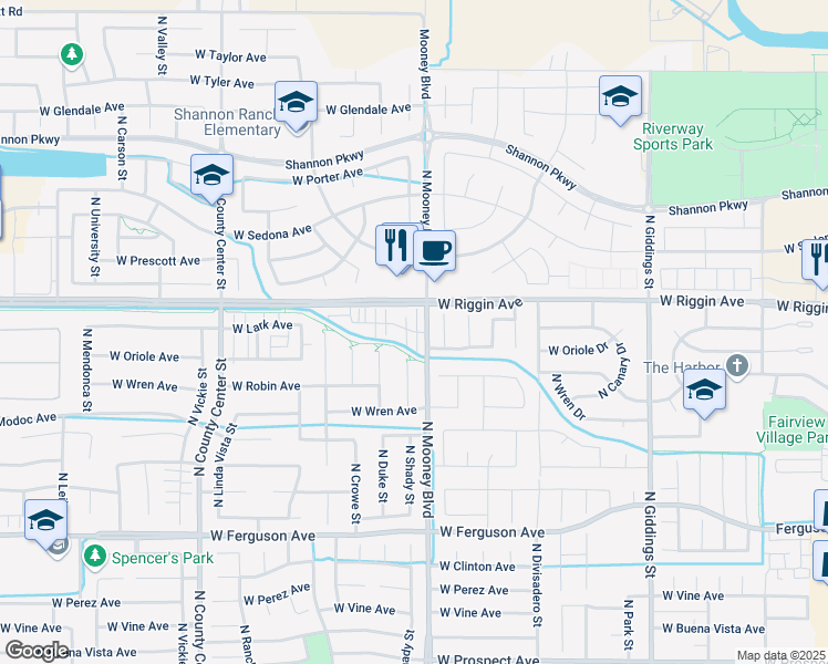 map of restaurants, bars, coffee shops, grocery stores, and more near 2120 West Lark Avenue in Visalia