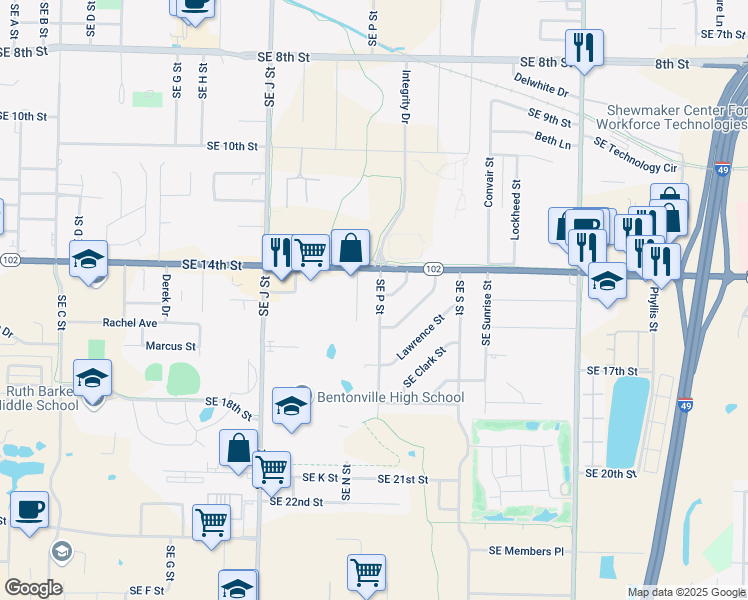 map of restaurants, bars, coffee shops, grocery stores, and more near 1502 Southeast P Street in Bentonville