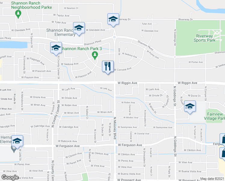 map of restaurants, bars, coffee shops, grocery stores, and more near 2104 West Lark Avenue in Visalia