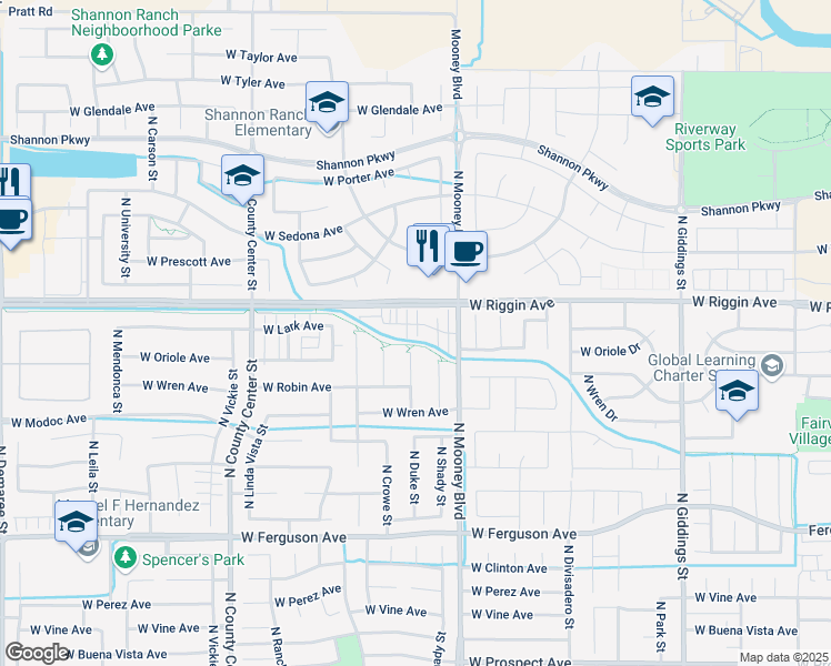map of restaurants, bars, coffee shops, grocery stores, and more near 2221 West Lark Avenue in Visalia