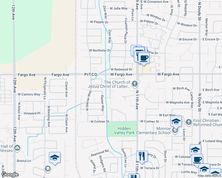 map of restaurants, bars, coffee shops, grocery stores, and more near 952 Upp Court in Hanford