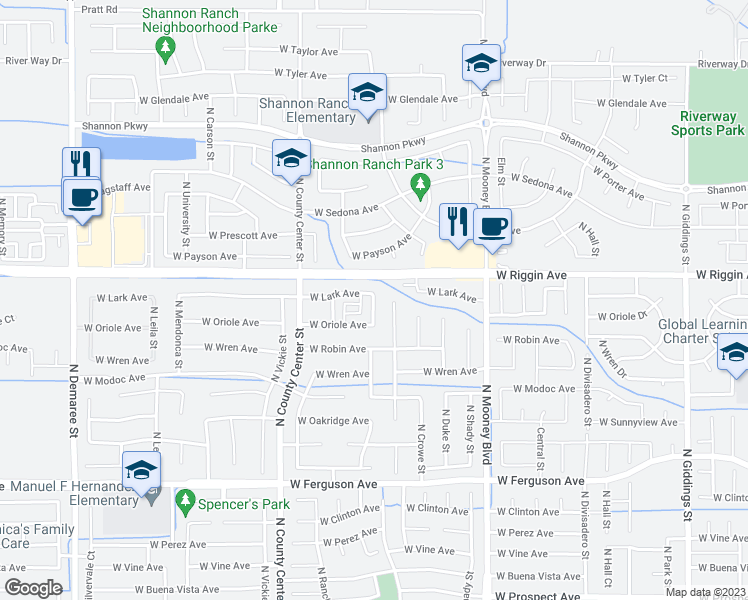 map of restaurants, bars, coffee shops, grocery stores, and more near 2912 North Zachary Street in Visalia