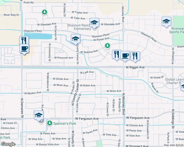 map of restaurants, bars, coffee shops, grocery stores, and more near 2900 North Terrace Street in Visalia