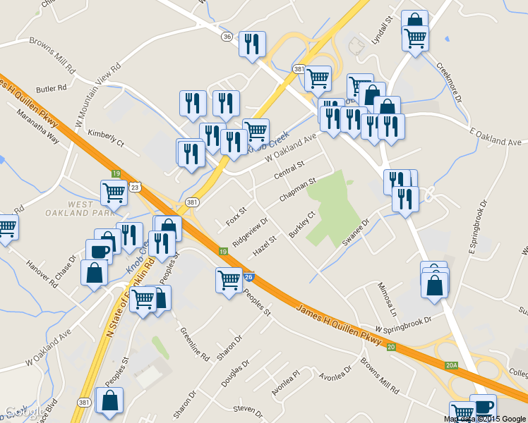 map of restaurants, bars, coffee shops, grocery stores, and more near Browns Mill Rd & Chapman St in Johnson City