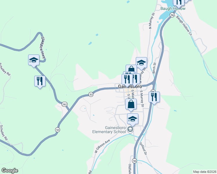 map of restaurants, bars, coffee shops, grocery stores, and more near 308 West Hull Avenue in Gainesboro