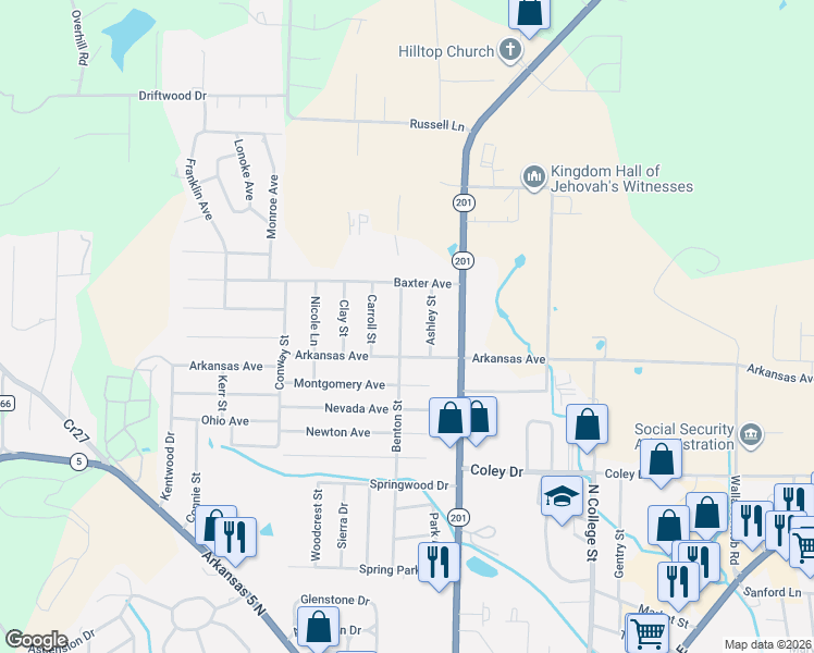 map of restaurants, bars, coffee shops, grocery stores, and more near 1415 Benton Street in Mountain Home