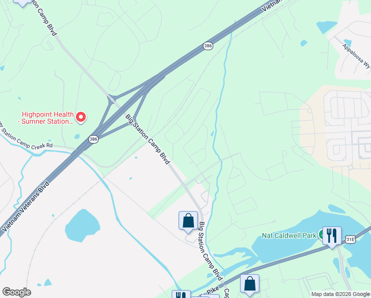 map of restaurants, bars, coffee shops, grocery stores, and more near 160 Big Station Camp Boulevard in Gallatin