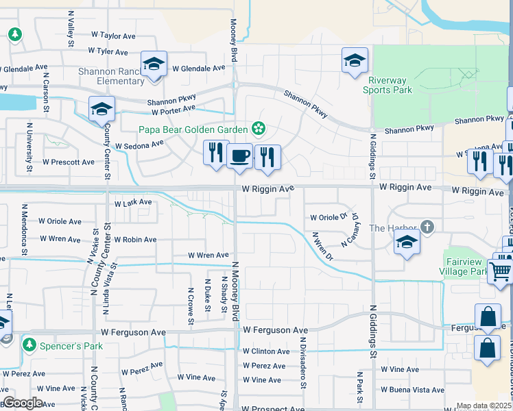map of restaurants, bars, coffee shops, grocery stores, and more near 2849 North Central Court in Visalia