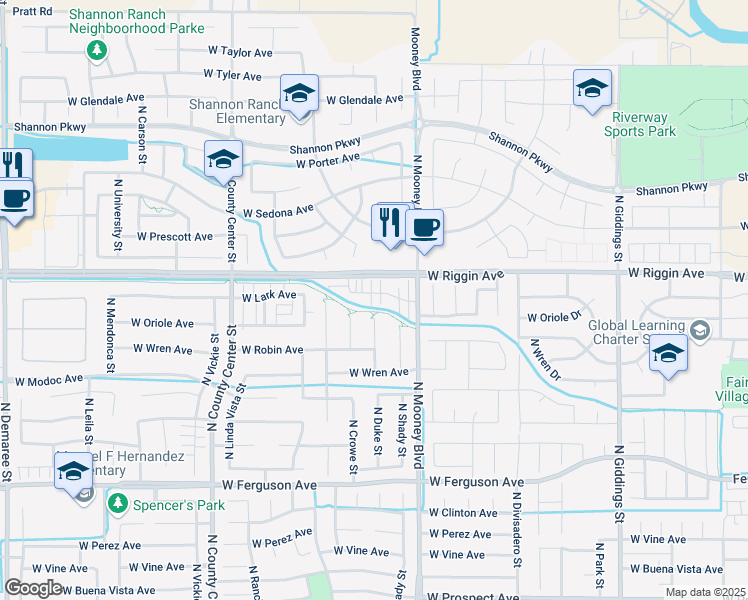 map of restaurants, bars, coffee shops, grocery stores, and more near 2245 West Lark Avenue in Visalia