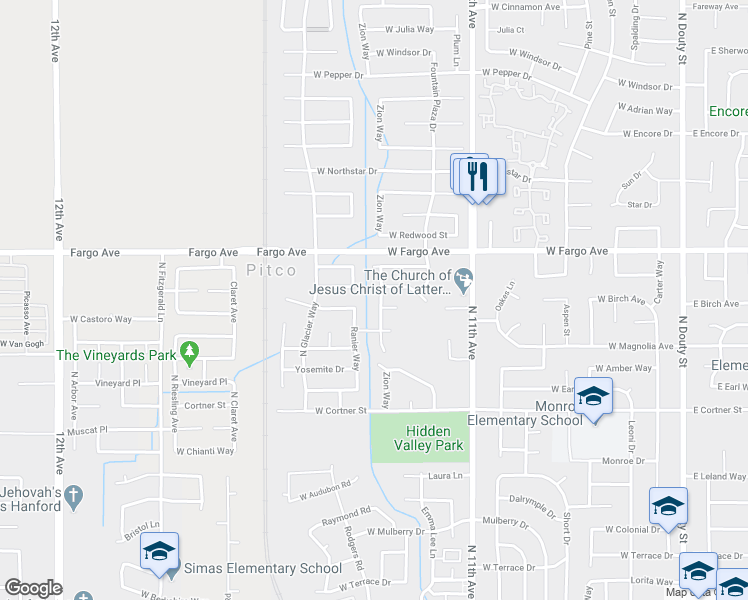 map of restaurants, bars, coffee shops, grocery stores, and more near 2400 Zion Way in Hanford