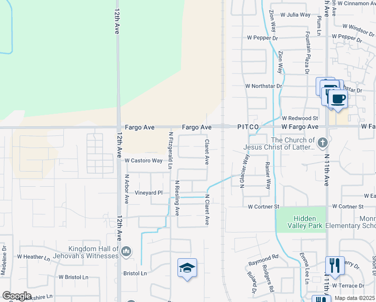map of restaurants, bars, coffee shops, grocery stores, and more near 1393 West Burgundy Court in Hanford