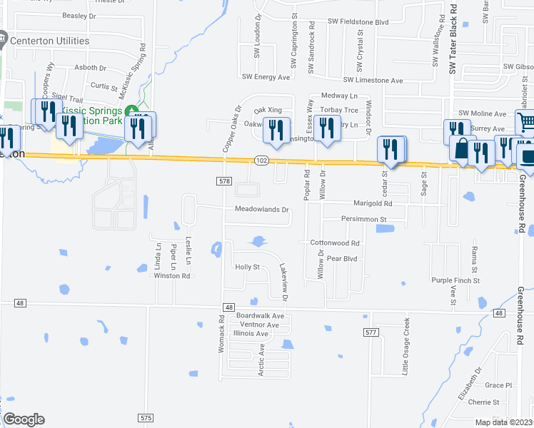 map of restaurants, bars, coffee shops, grocery stores, and more near 844 Meadowlands Drive in Centerton