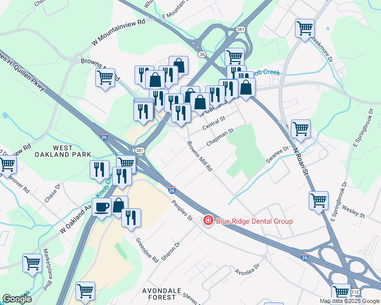 map of restaurants, bars, coffee shops, grocery stores, and more near 2905 Browns Mill Road in Johnson City