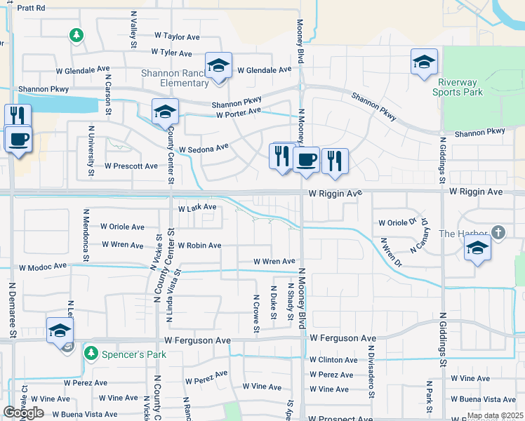 map of restaurants, bars, coffee shops, grocery stores, and more near 2309 West Lark Avenue in Visalia