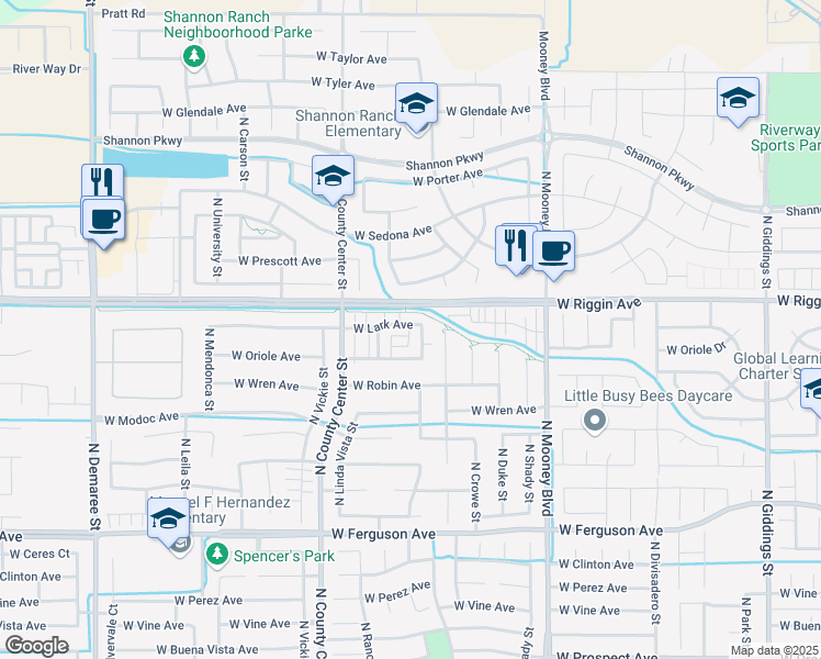 map of restaurants, bars, coffee shops, grocery stores, and more near 2525 West Lark Avenue in Visalia
