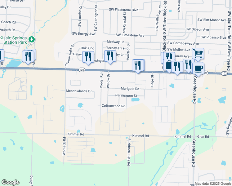 map of restaurants, bars, coffee shops, grocery stores, and more near 1231 Persimmon Street in Centerton