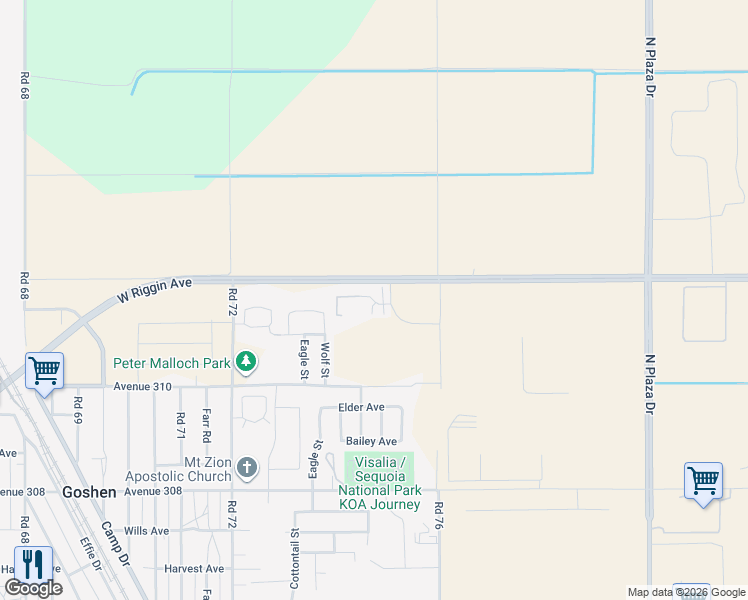 map of restaurants, bars, coffee shops, grocery stores, and more near 7660 West Riggin Avenue in Visalia