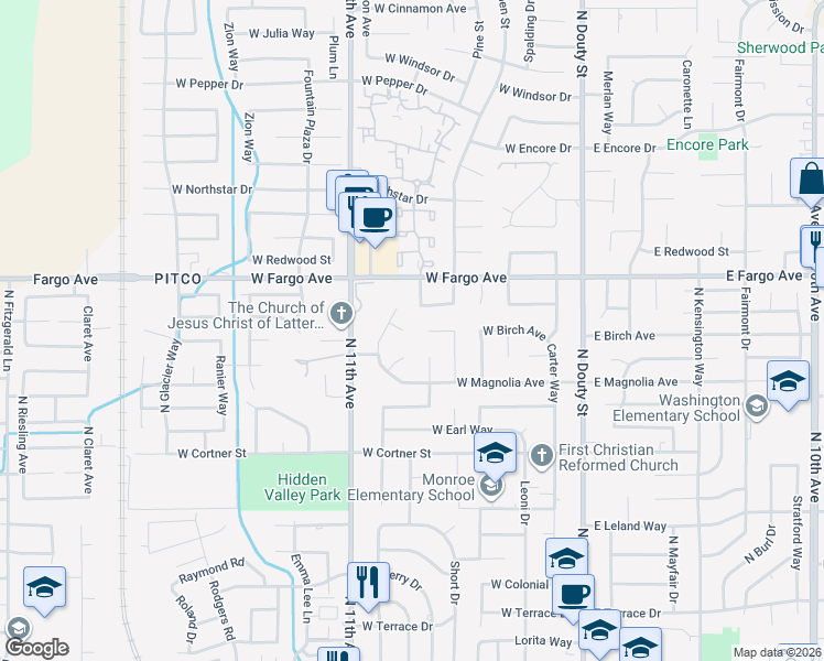 map of restaurants, bars, coffee shops, grocery stores, and more near 461 West Birch Court in Hanford