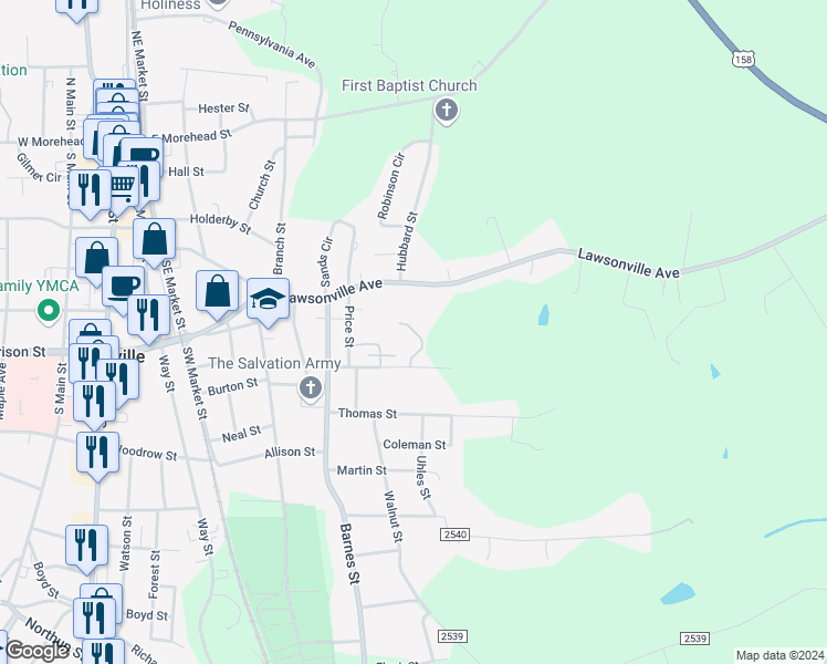 map of restaurants, bars, coffee shops, grocery stores, and more near 624 East Street in Reidsville