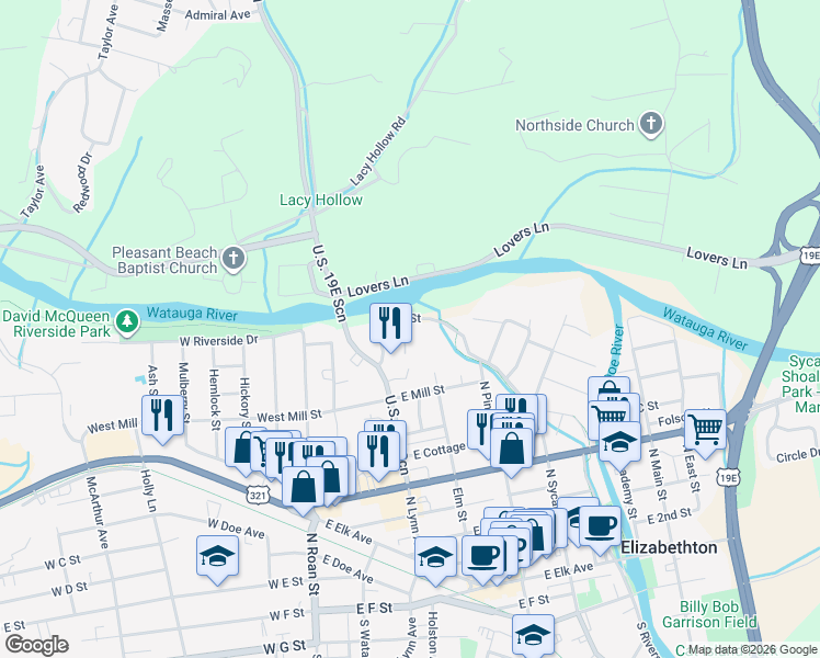 map of restaurants, bars, coffee shops, grocery stores, and more near 324 Race Street in Elizabethton
