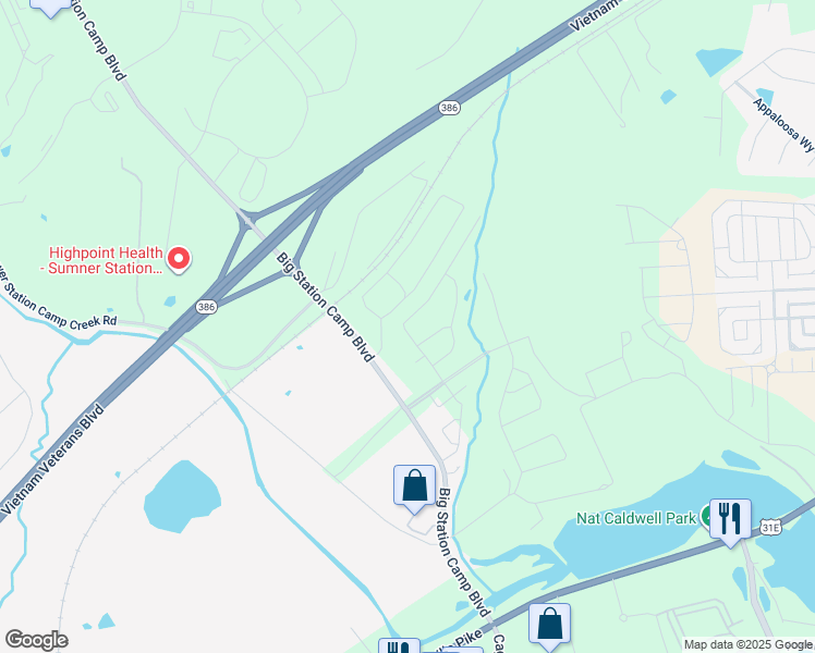 map of restaurants, bars, coffee shops, grocery stores, and more near 160 Big Station Camp Boulevard in Gallatin