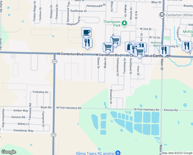 map of restaurants, bars, coffee shops, grocery stores, and more near 216 Shane Drive in Centerton