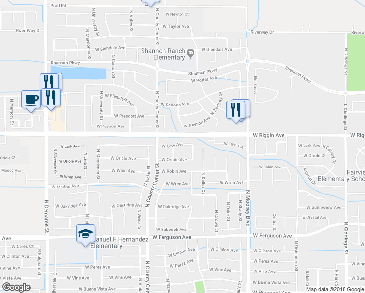 map of restaurants, bars, coffee shops, grocery stores, and more near 2565 West Lark Avenue in Visalia