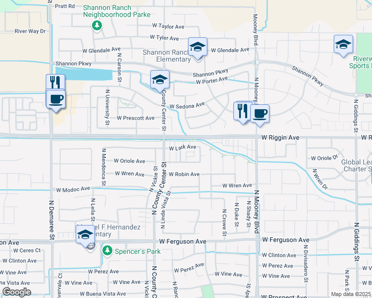 map of restaurants, bars, coffee shops, grocery stores, and more near 2625 West Lark Avenue in Visalia