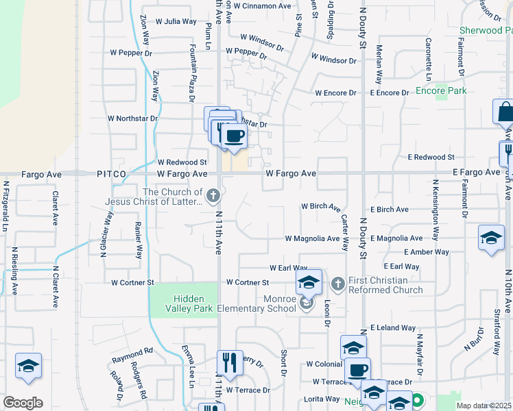 map of restaurants, bars, coffee shops, grocery stores, and more near 461 West Birch Court in Hanford