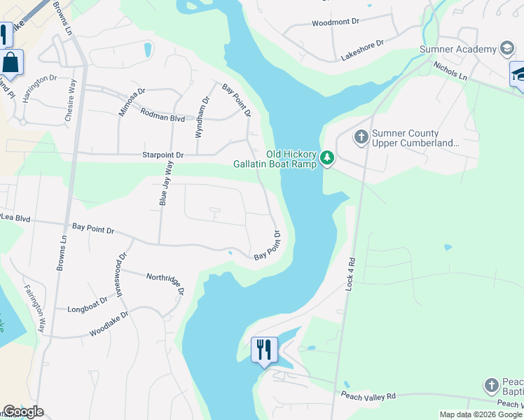 map of restaurants, bars, coffee shops, grocery stores, and more near 567 Bay Point Drive in Gallatin