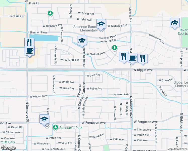 map of restaurants, bars, coffee shops, grocery stores, and more near 2900 North Terrace Street in Visalia
