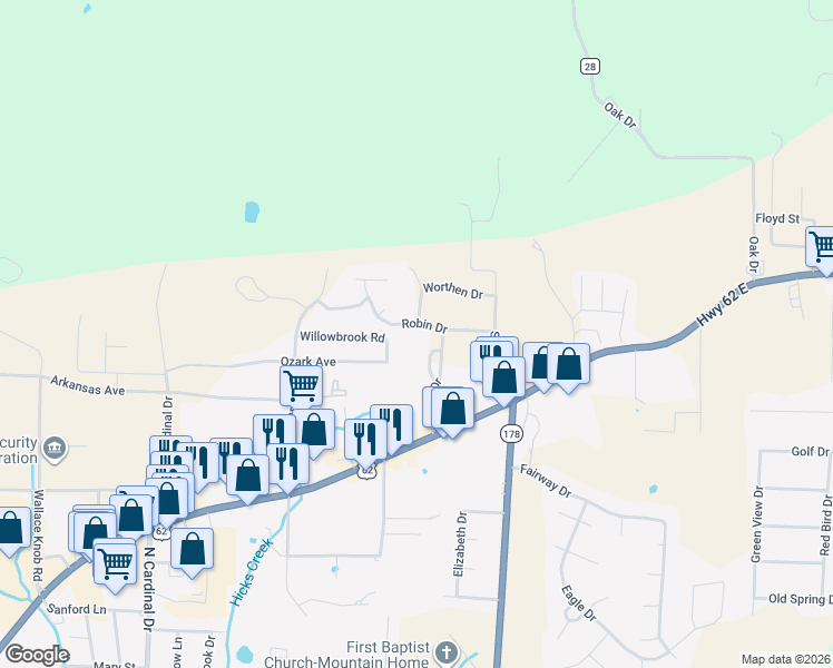 map of restaurants, bars, coffee shops, grocery stores, and more near 172 Robin Drive in Mountain Home