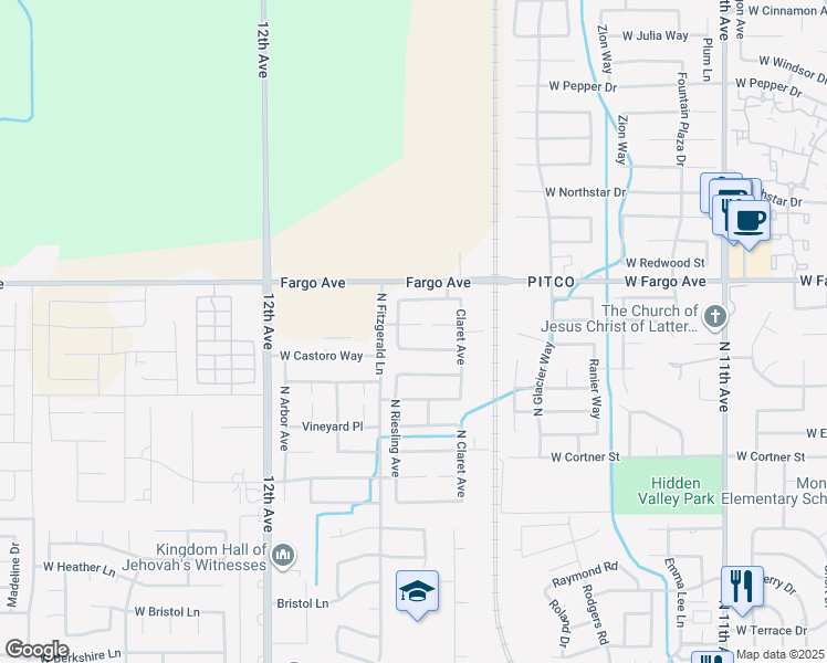 map of restaurants, bars, coffee shops, grocery stores, and more near 1393 West Burgundy Court in Hanford