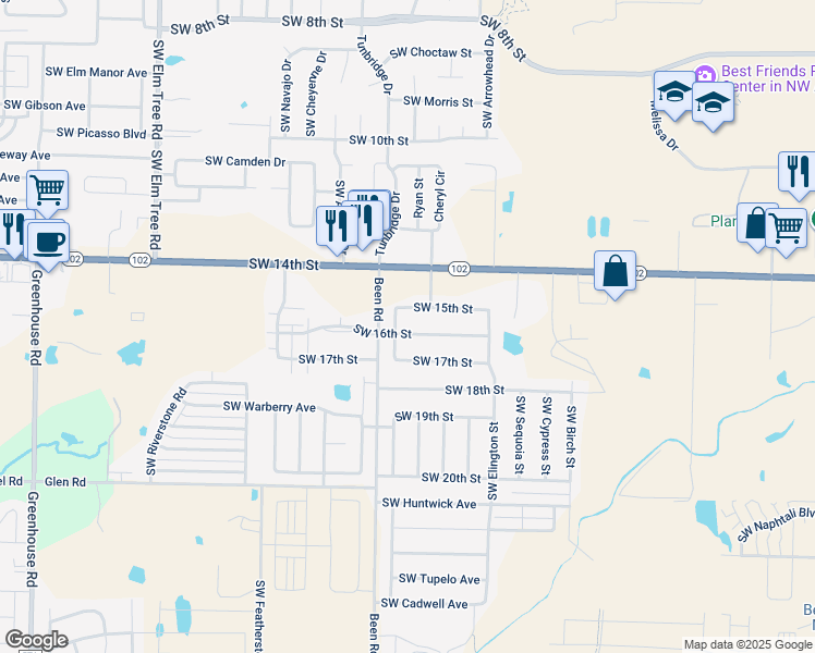 map of restaurants, bars, coffee shops, grocery stores, and more near 2406 Southwest 16th Street in Bentonville