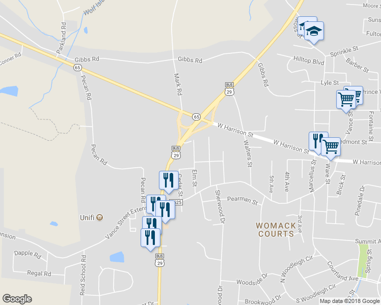 map of restaurants, bars, coffee shops, grocery stores, and more near 821 Elm Street in Reidsville