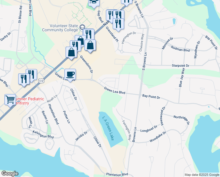 map of restaurants, bars, coffee shops, grocery stores, and more near 350 Madeira Place in Gallatin