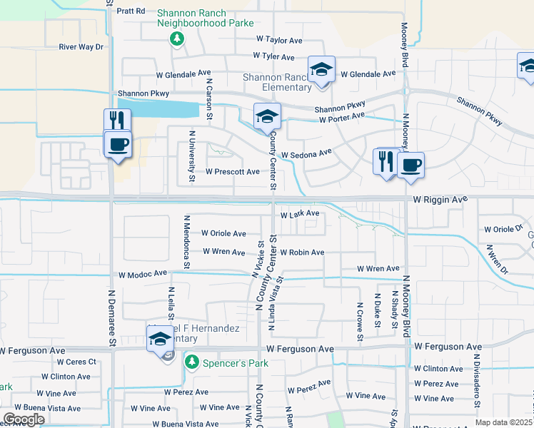 map of restaurants, bars, coffee shops, grocery stores, and more near 2900 North County Center Street in Visalia