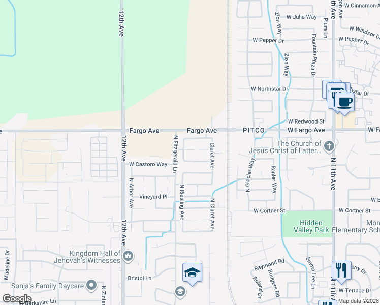 map of restaurants, bars, coffee shops, grocery stores, and more near 1393 West Burgundy Court in Hanford