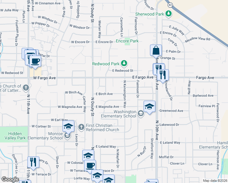 map of restaurants, bars, coffee shops, grocery stores, and more near 320 East Birch Avenue in Hanford