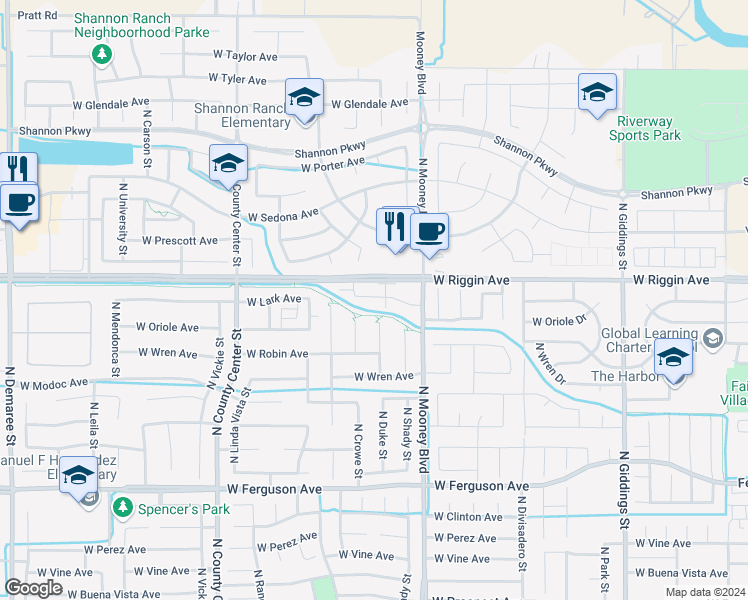 map of restaurants, bars, coffee shops, grocery stores, and more near 2243 West Lark Avenue in Visalia