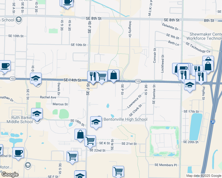 map of restaurants, bars, coffee shops, grocery stores, and more near 1300 Southeast 14th Street in Bentonville