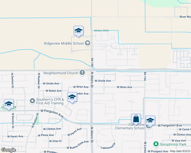 map of restaurants, bars, coffee shops, grocery stores, and more near 5235 West Lark Court in Visalia