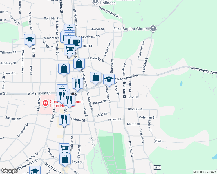 map of restaurants, bars, coffee shops, grocery stores, and more near 606 Montgomery Street in Reidsville